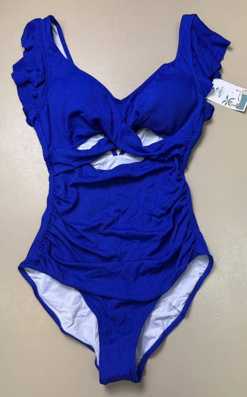 B2prity One Piece Swimsuit Size Small Blue Ribbed Cutout Ruffle NWT
